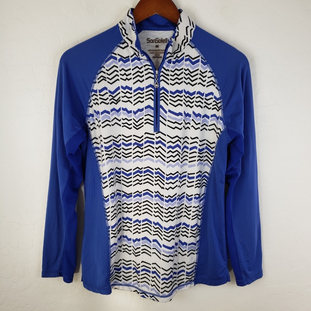 SanSoleil Top Women Medium Blue White Striped Vented 1/4 Zip Pullover Golf Shirt